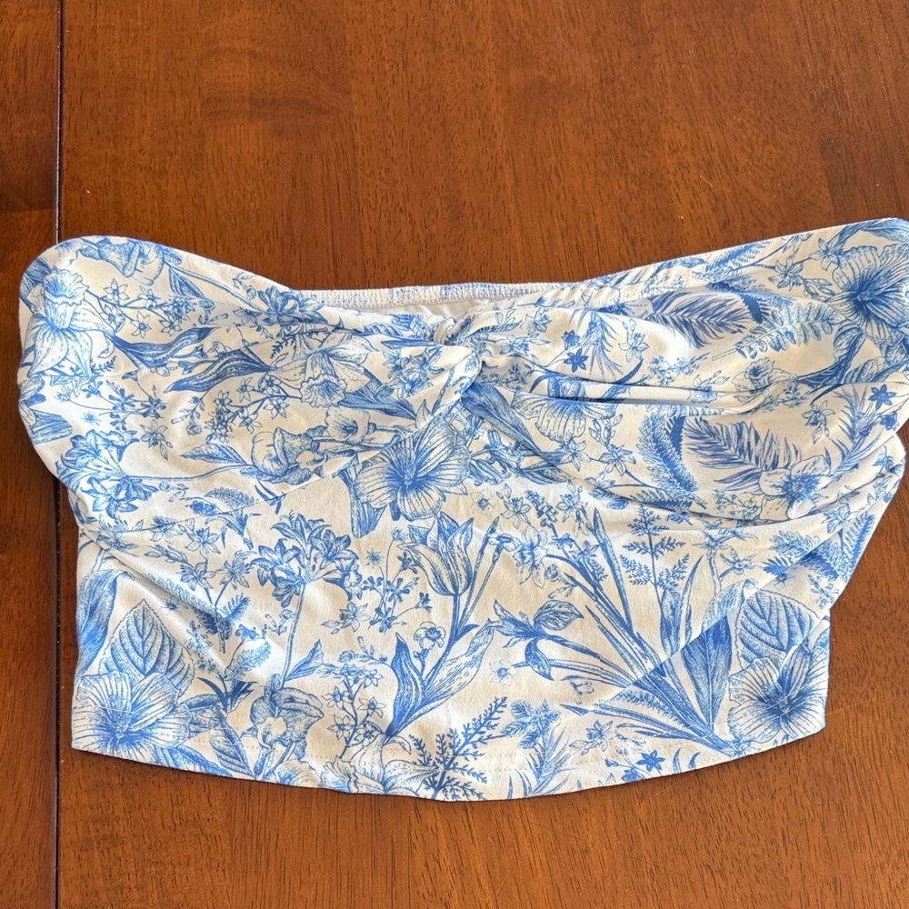 Floral Blue and White Strapless Top